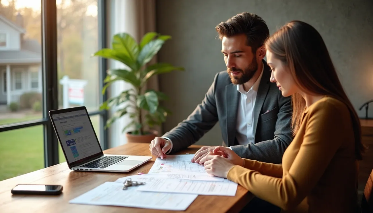 Two people reviewing mortgage documents at a table with a laptop and house keys near a large window.